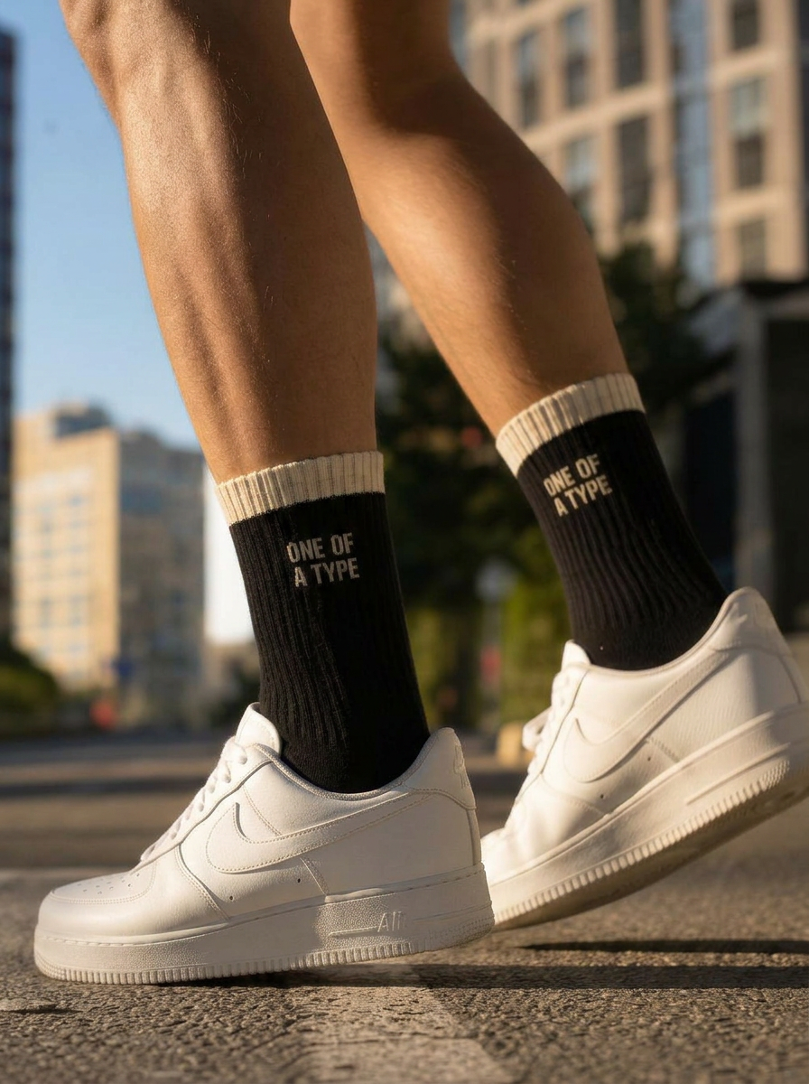 Person trägt INRANGE Socken mit weißen Sneakern
